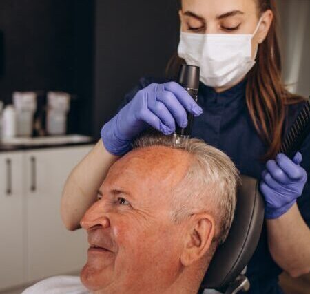 Senior man is being examined by a trichologist. Hair care concept